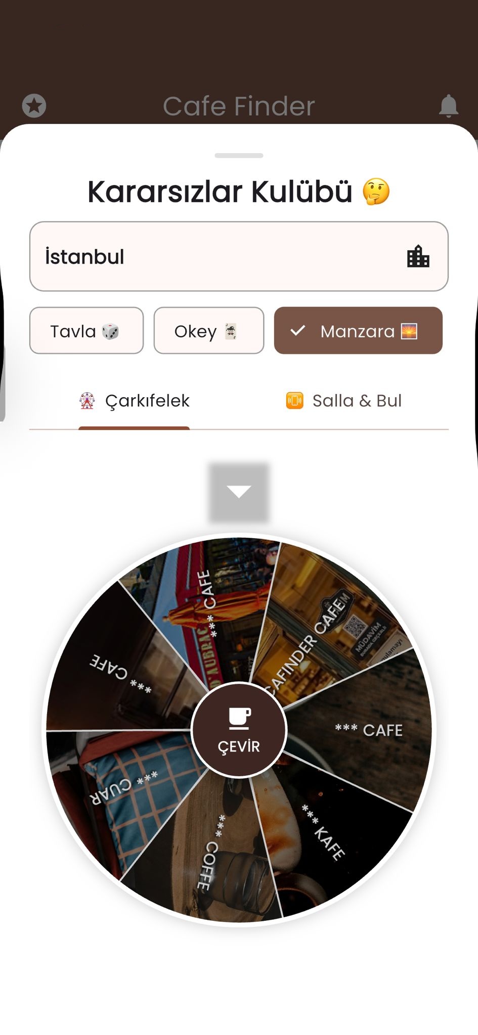 Cafinder Kararsızlar Kulübü — çarkıfelek kafe seçimi