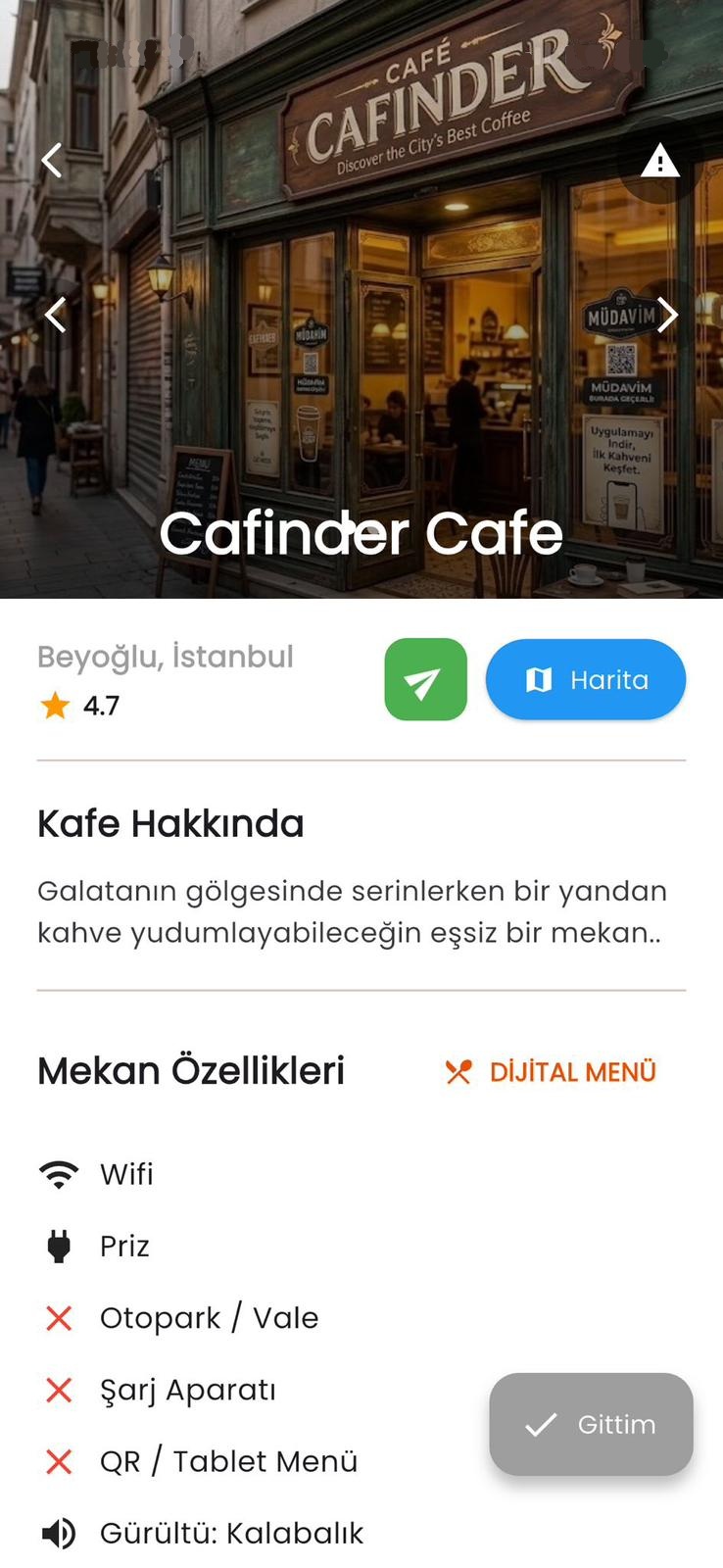 Cafinder mekan detay sayfası — kafe bilgileri