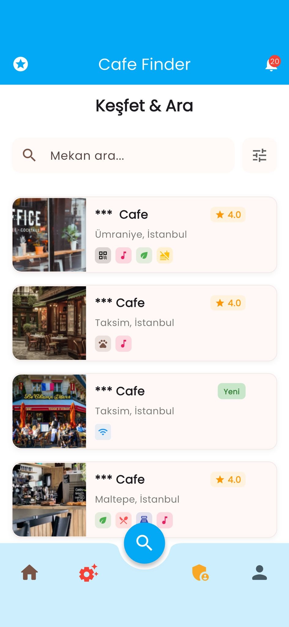 Cafinder kafe arama ekranı — filtre ve keşif