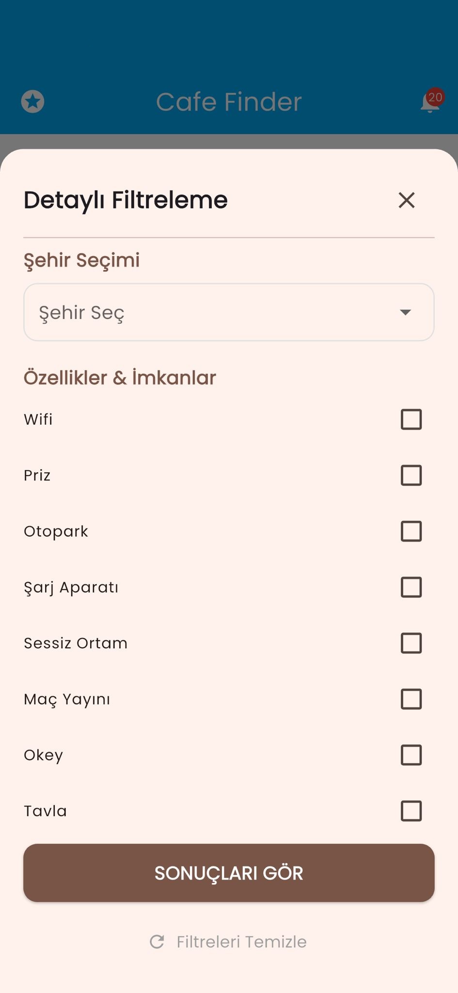 Cafinder kafe listeleme ekranı — sonuçlar