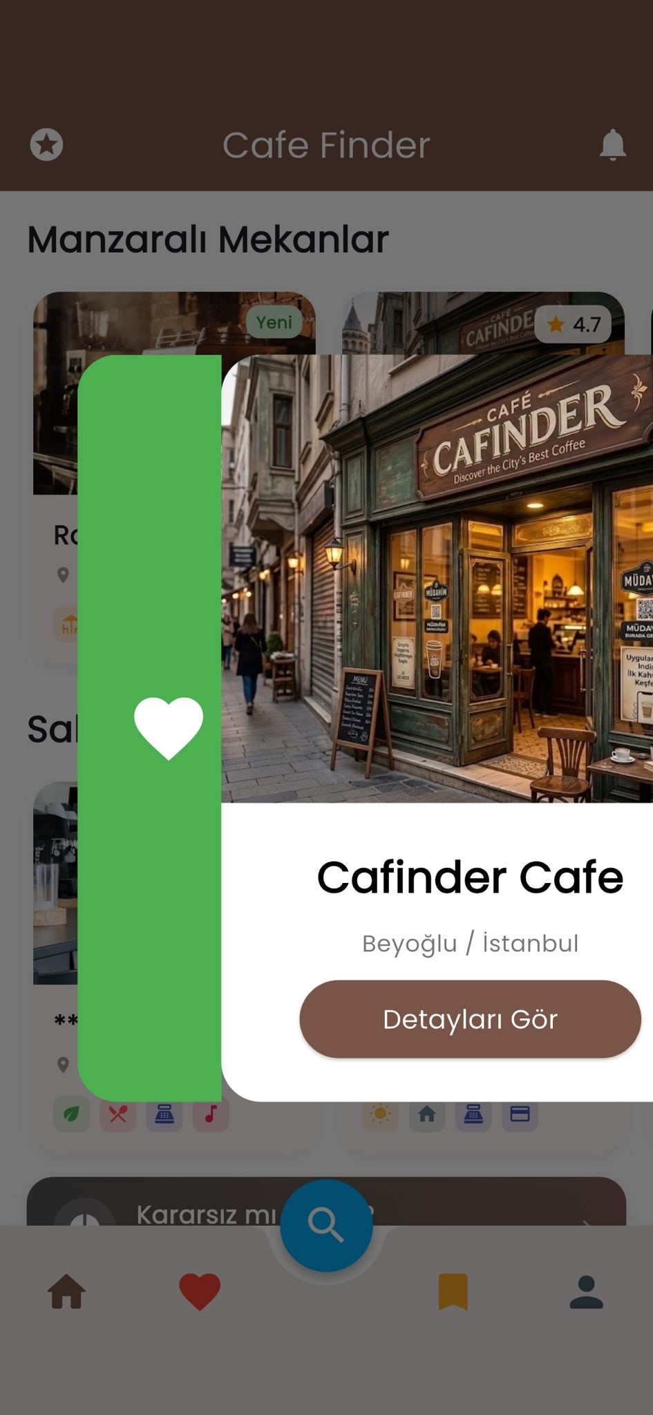 Cafinder favoriler ekranı — kaydedilen mekanlar