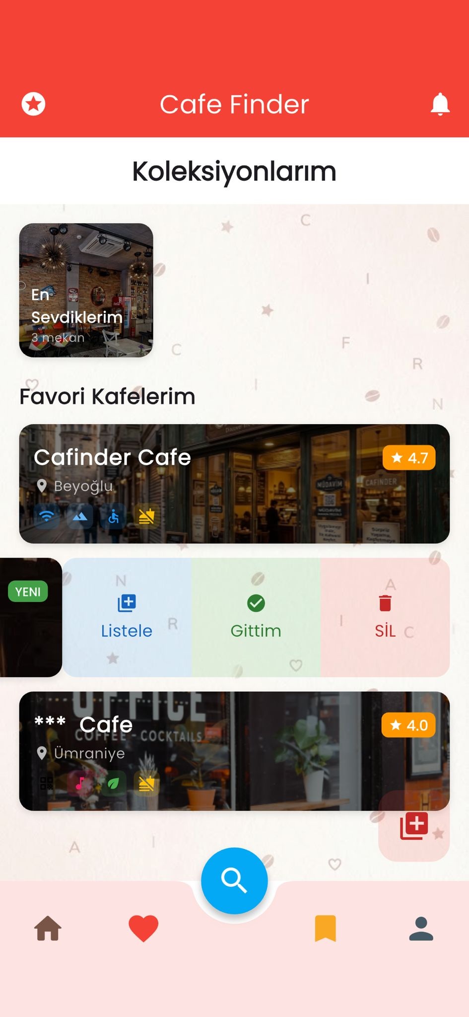 Cafinder listeler ekranı — kişisel koleksiyonlar