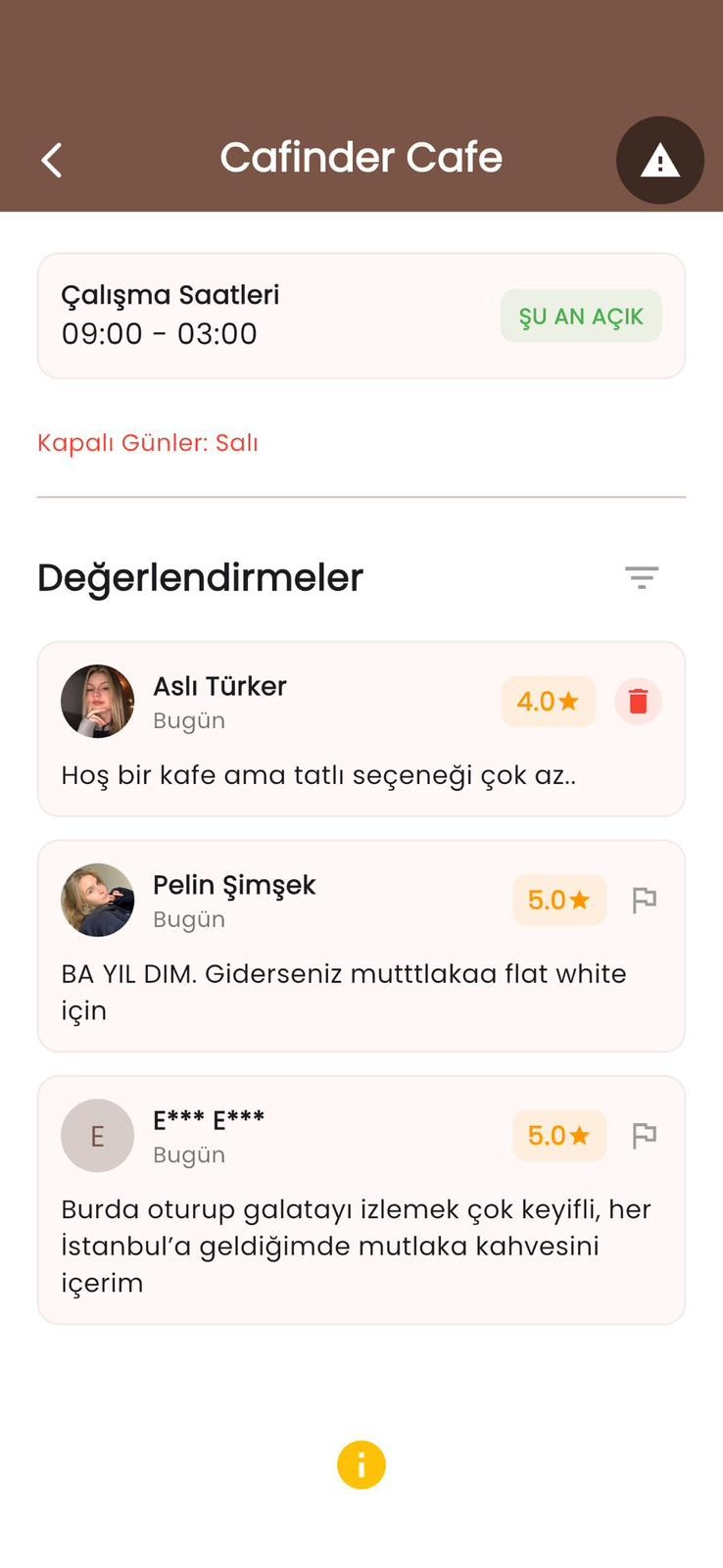Cafinder yorum ekranı — müdavim değerlendirmeleri