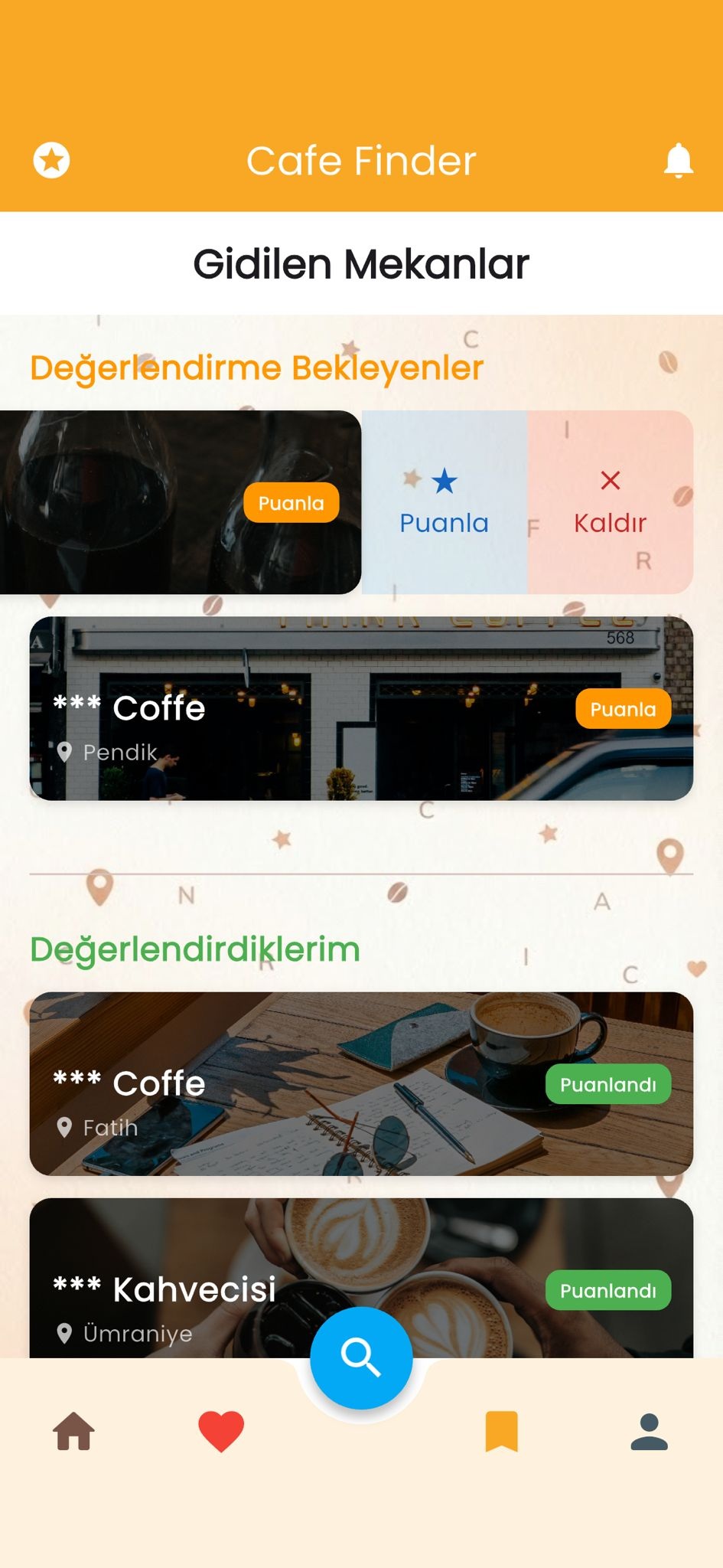 Cafinder puanlama ekranı — kafe yorumları