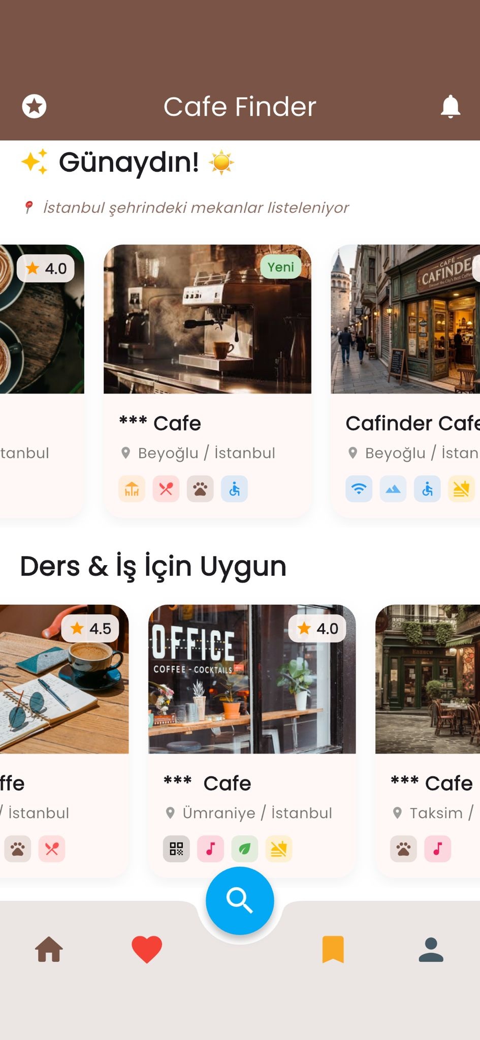 Cafinder ana ekran — kafe keşif uygulaması