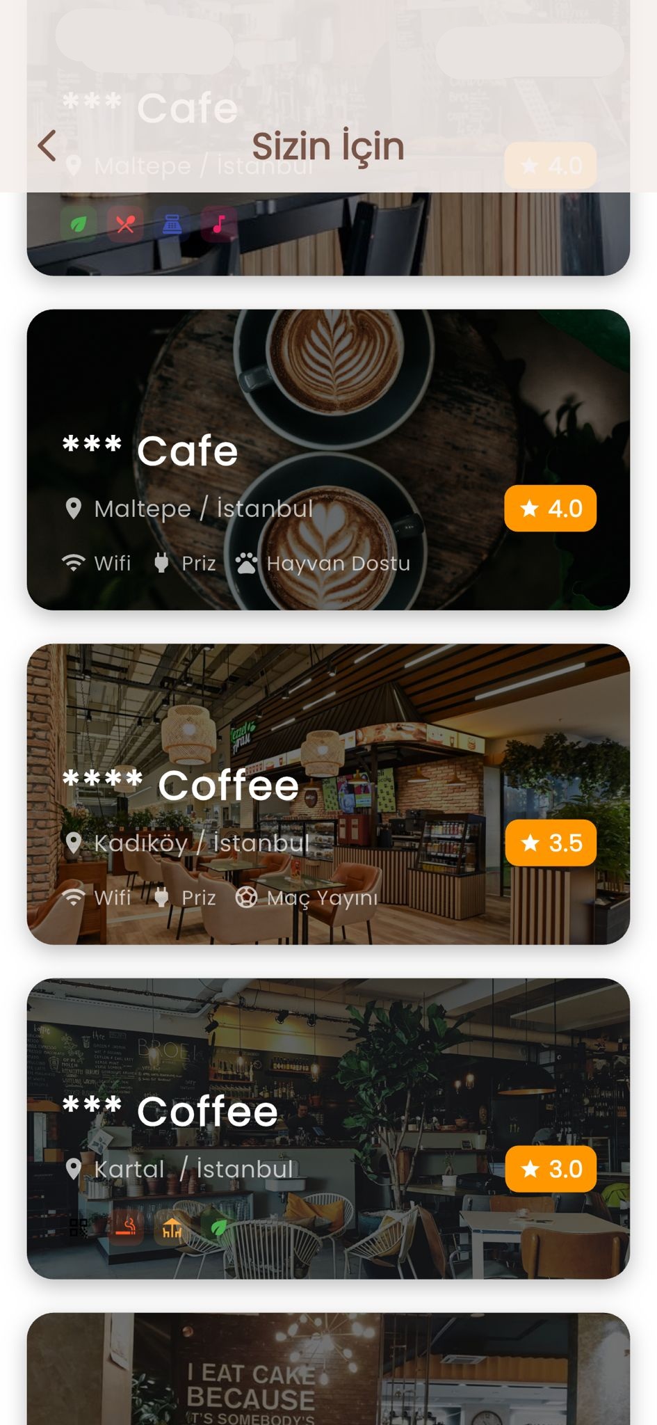 Cafinder uygulama ekranı — kafe listesi