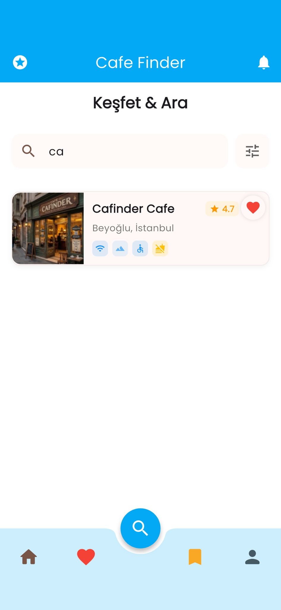 Cafinder uygulama ekranı — kafe arama