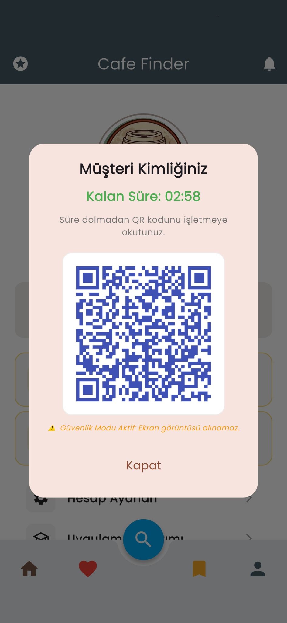 Cafinder Müdavim ekranı — dijital sadakat kartı